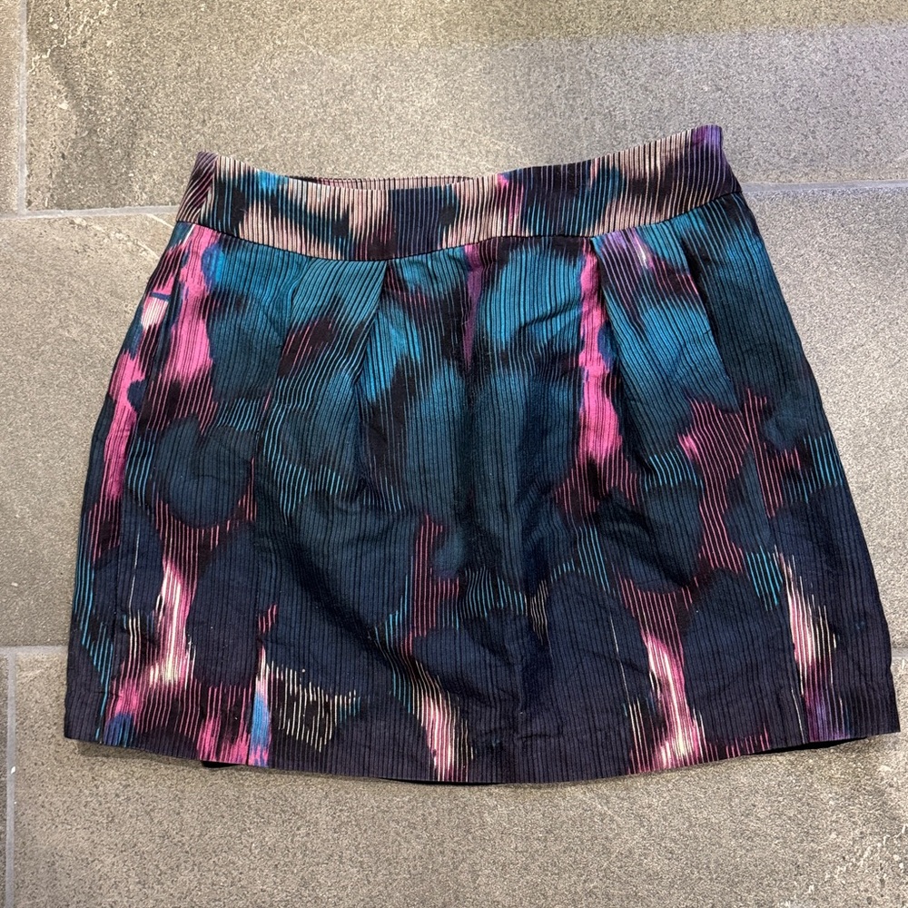 TRACY REESE Black Blue Pink Abstract Floral A-Line Wool Silk Blend Mini Skirt